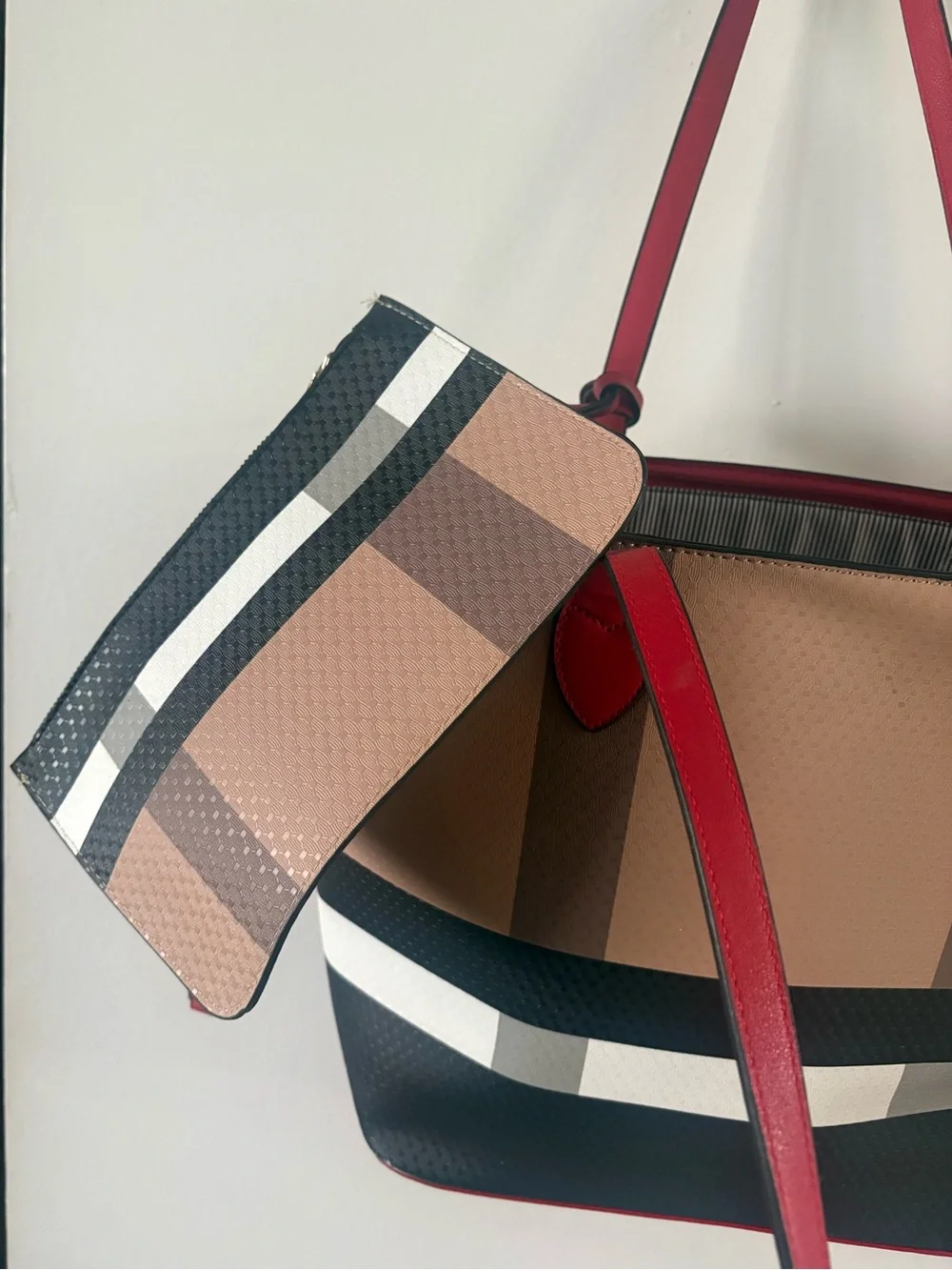 Stylish Bee Accent Tote Bag in Tan, Black & Red